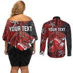 Personalised St. George Illawarra Dragons Couples Matching Off Shoulder Short Dress and Long Sleeve Button Shirt Polynesian Tribal Pattern With Rugby Dragon Mascot Art