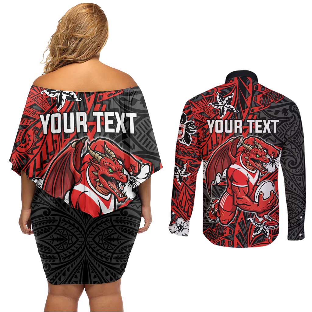Personalised St. George Illawarra Dragons Couples Matching Off Shoulder Short Dress and Long Sleeve Button Shirt Polynesian Tribal Pattern With Rugby Dragon Mascot Art