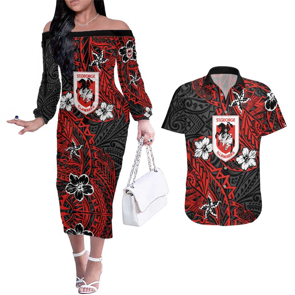Personalised St. George Illawarra Dragons Couples Matching Off The Shoulder Long Sleeve Dress and Hawaiian Shirt Polynesian Tribal Pattern With Rugby Dragon Mascot Art