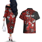 Personalised St. George Illawarra Dragons Couples Matching Off The Shoulder Long Sleeve Dress and Hawaiian Shirt Polynesian Tribal Pattern With Rugby Dragon Mascot Art