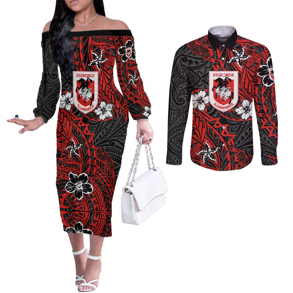 Personalised St. George Illawarra Dragons Couples Matching Off The Shoulder Long Sleeve Dress and Long Sleeve Button Shirt Polynesian Tribal Pattern With Rugby Dragon Mascot Art