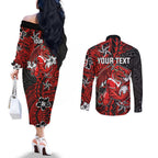 Personalised St. George Illawarra Dragons Couples Matching Off The Shoulder Long Sleeve Dress and Long Sleeve Button Shirt Polynesian Tribal Pattern With Rugby Dragon Mascot Art