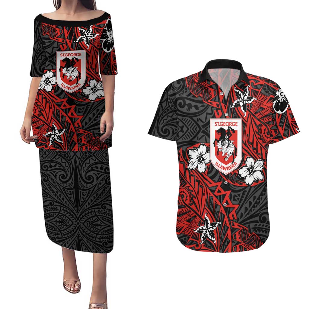 Personalised St. George Illawarra Dragons Couples Matching Puletasi and Hawaiian Shirt Polynesian Tribal Pattern With Rugby Dragon Mascot Art