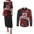 Personalised St. George Illawarra Dragons Couples Matching Puletasi and Long Sleeve Button Shirt Polynesian Tribal Pattern With Rugby Dragon Mascot Art