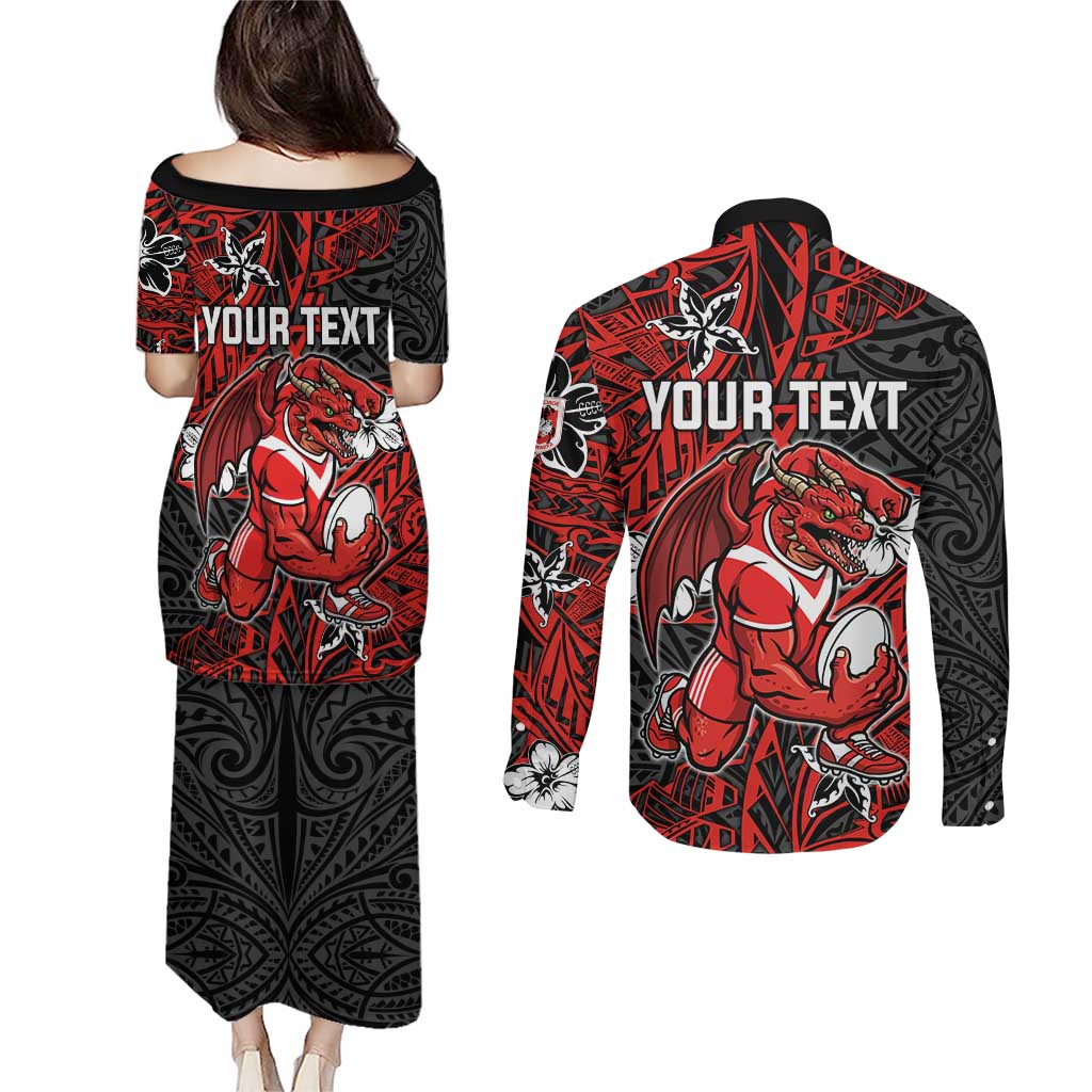 Personalised St. George Illawarra Dragons Couples Matching Puletasi and Long Sleeve Button Shirt Polynesian Tribal Pattern With Rugby Dragon Mascot Art