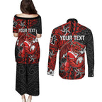 Personalised St. George Illawarra Dragons Couples Matching Puletasi and Long Sleeve Button Shirt Polynesian Tribal Pattern With Rugby Dragon Mascot Art