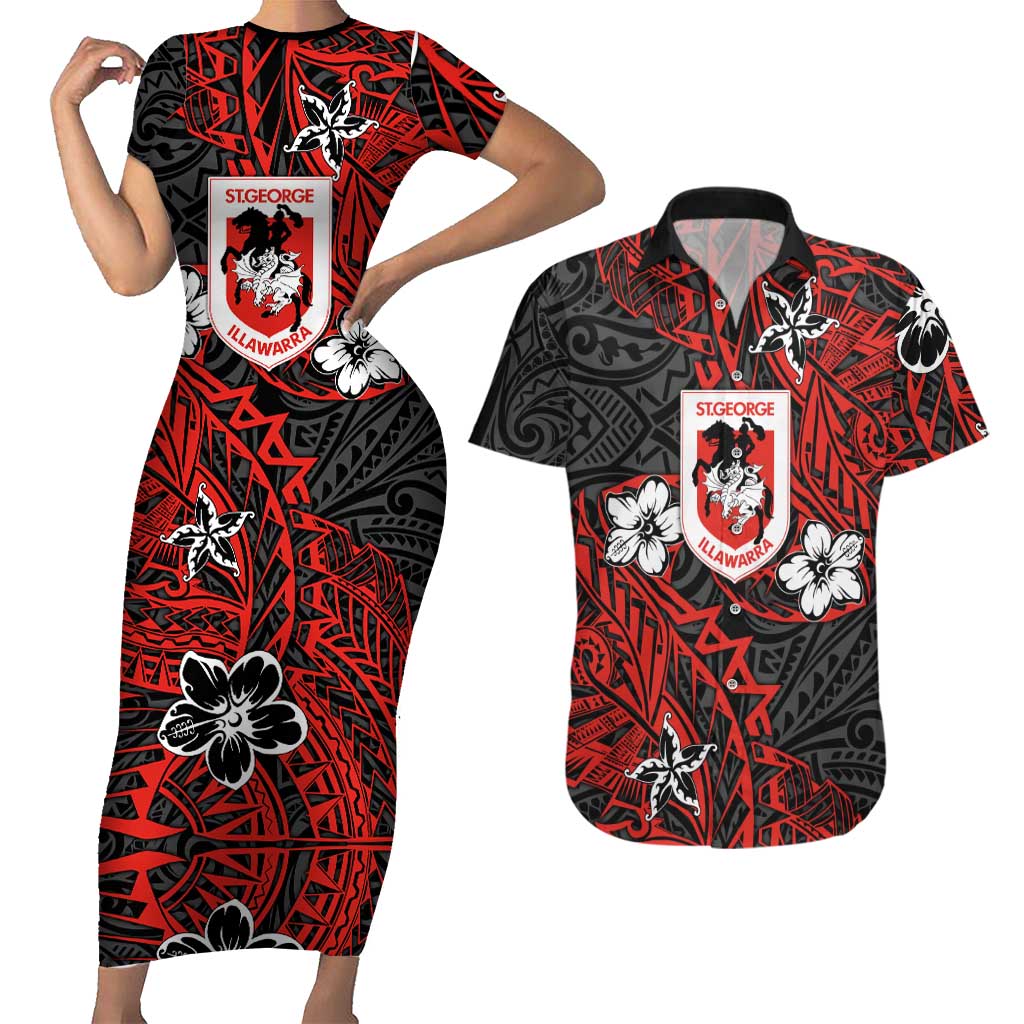 Personalised St. George Illawarra Dragons Couples Matching Short Sleeve Bodycon Dress and Hawaiian Shirt Polynesian Tribal Pattern With Rugby Dragon Mascot Art
