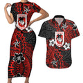 Personalised St. George Illawarra Dragons Couples Matching Short Sleeve Bodycon Dress and Hawaiian Shirt Polynesian Tribal Pattern With Rugby Dragon Mascot Art