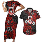 Personalised St. George Illawarra Dragons Couples Matching Short Sleeve Bodycon Dress and Hawaiian Shirt Polynesian Tribal Pattern With Rugby Dragon Mascot Art