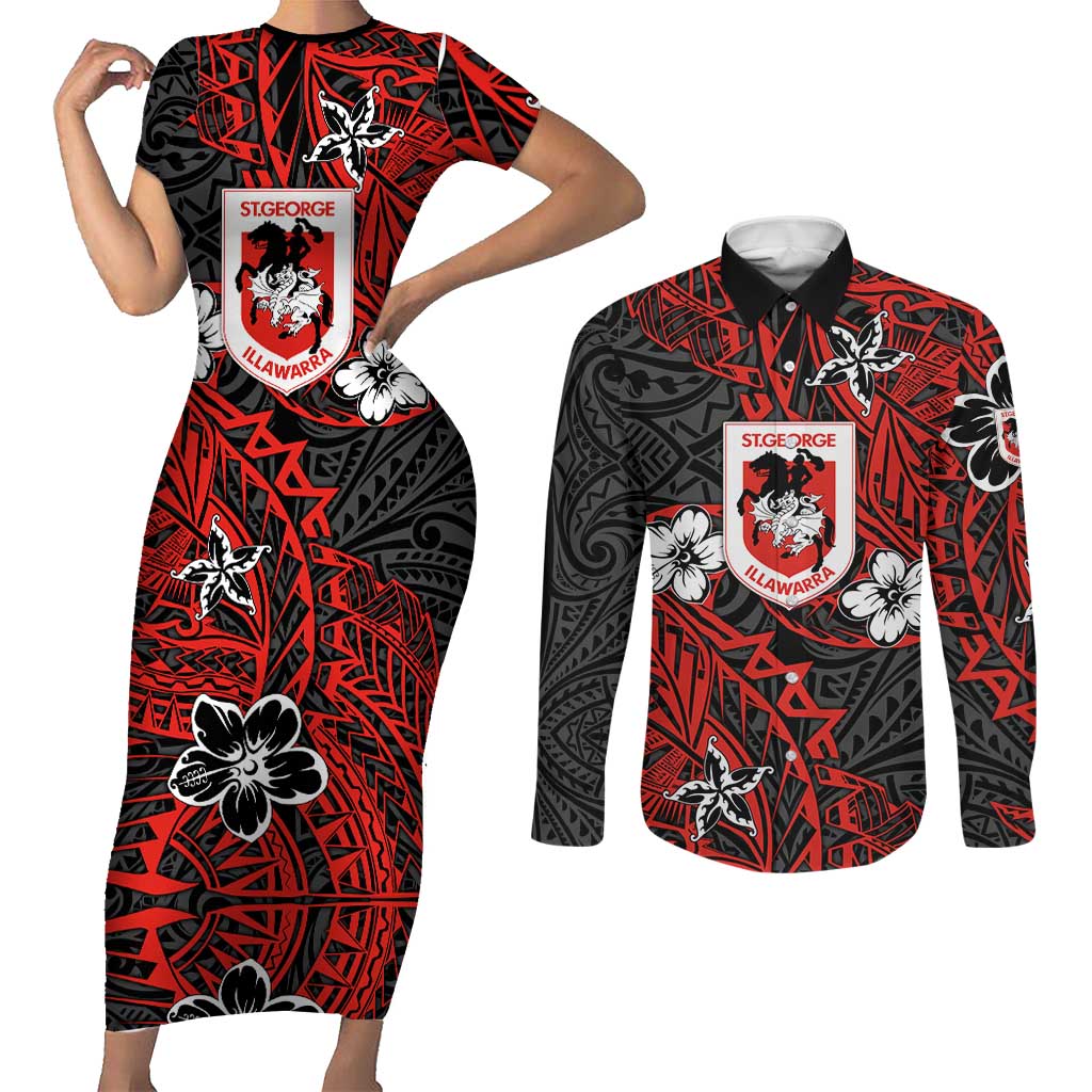 Personalised St. George Illawarra Dragons Couples Matching Short Sleeve Bodycon Dress and Long Sleeve Button Shirt Polynesian Tribal Pattern With Rugby Dragon Mascot Art