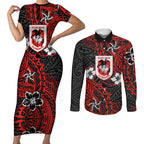 Personalised St. George Illawarra Dragons Couples Matching Short Sleeve Bodycon Dress and Long Sleeve Button Shirt Polynesian Tribal Pattern With Rugby Dragon Mascot Art