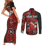 Personalised St. George Illawarra Dragons Couples Matching Short Sleeve Bodycon Dress and Long Sleeve Button Shirt Polynesian Tribal Pattern With Rugby Dragon Mascot Art