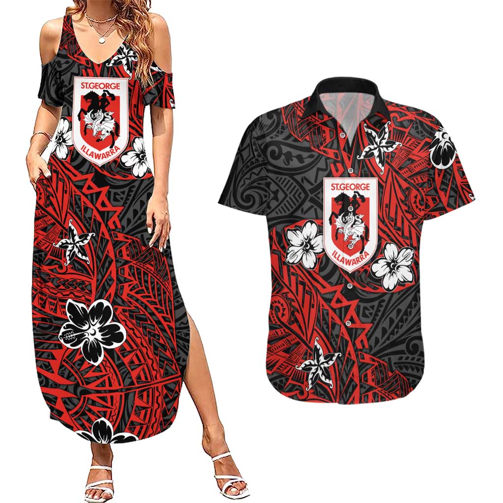 Personalised St. George Illawarra Dragons Couples Matching Summer Maxi Dress and Hawaiian Shirt Polynesian Tribal Pattern With Rugby Dragon Mascot Art