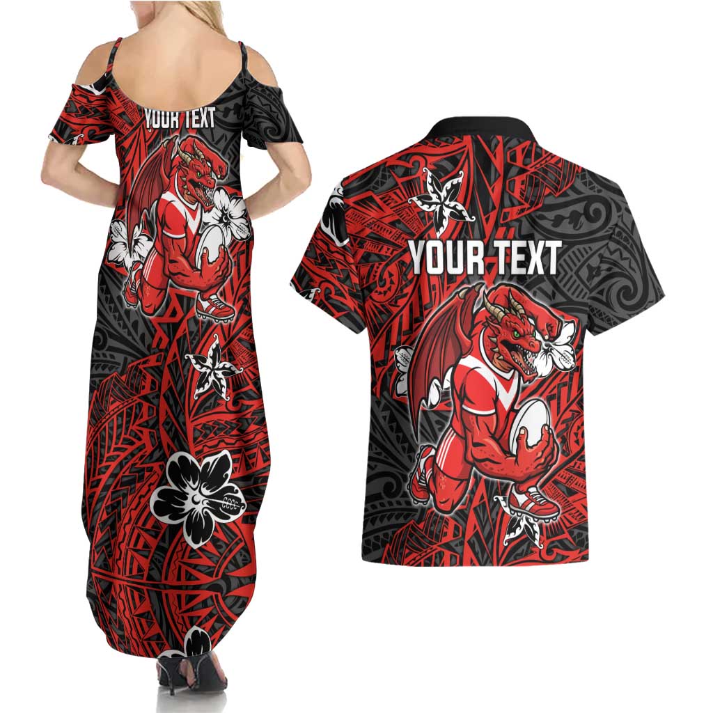 Personalised St. George Illawarra Dragons Couples Matching Summer Maxi Dress and Hawaiian Shirt Polynesian Tribal Pattern With Rugby Dragon Mascot Art