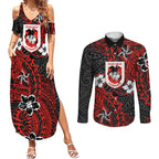 Personalised St. George Illawarra Dragons Couples Matching Summer Maxi Dress and Long Sleeve Button Shirt Polynesian Tribal Pattern With Rugby Dragon Mascot Art