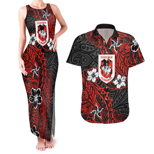 Personalised St. George Illawarra Dragons Couples Matching Tank Maxi Dress and Hawaiian Shirt Polynesian Tribal Pattern With Rugby Dragon Mascot Art