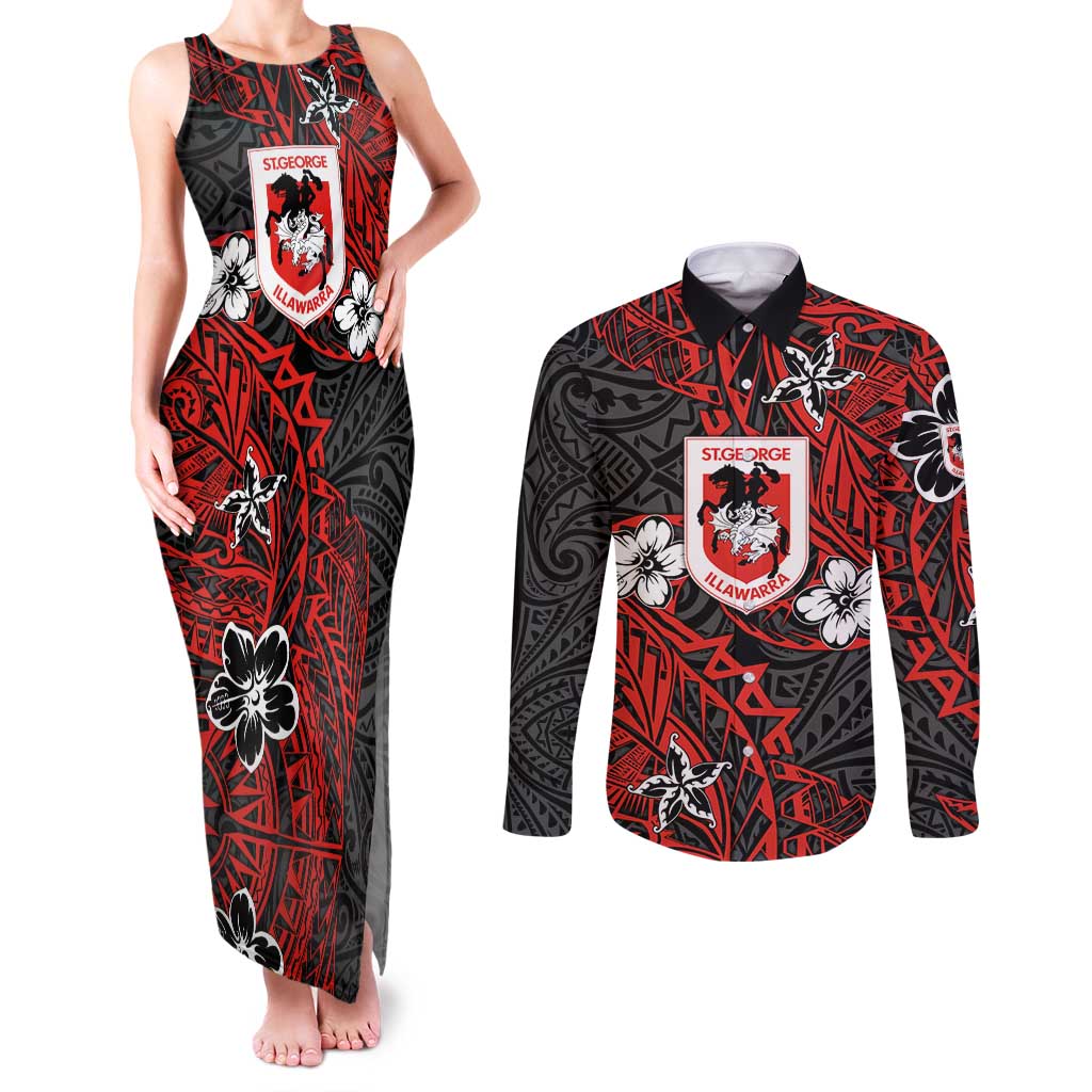 Personalised St. George Illawarra Dragons Couples Matching Tank Maxi Dress and Long Sleeve Button Shirt Polynesian Tribal Pattern With Rugby Dragon Mascot Art