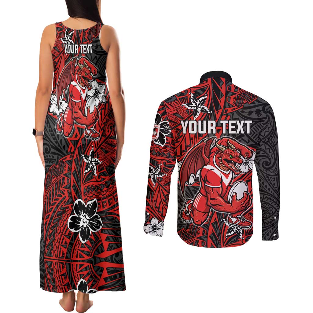 Personalised St. George Illawarra Dragons Couples Matching Tank Maxi Dress and Long Sleeve Button Shirt Polynesian Tribal Pattern With Rugby Dragon Mascot Art