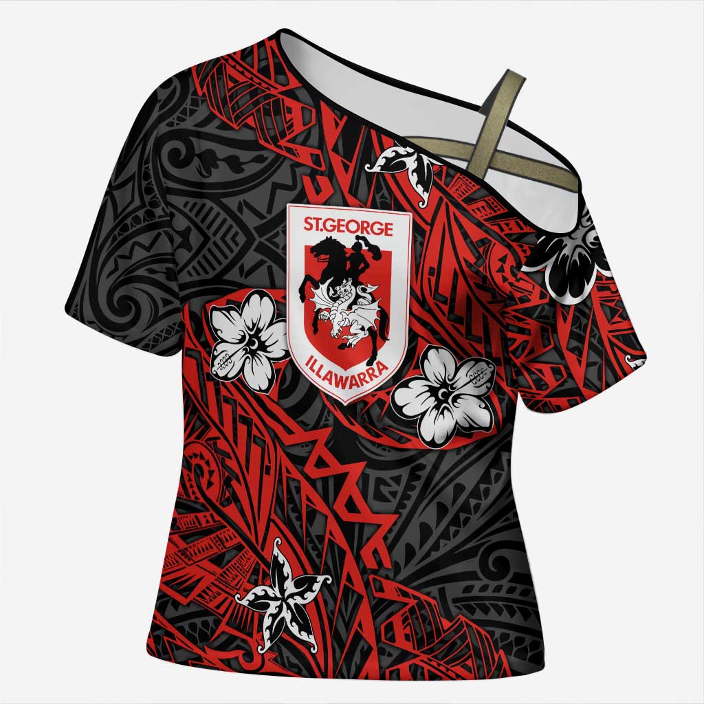 Personalised St. George Illawarra Dragons Cross Shoulder Shirt Polynesian Tribal Pattern With Rugby Dragon Mascot Art