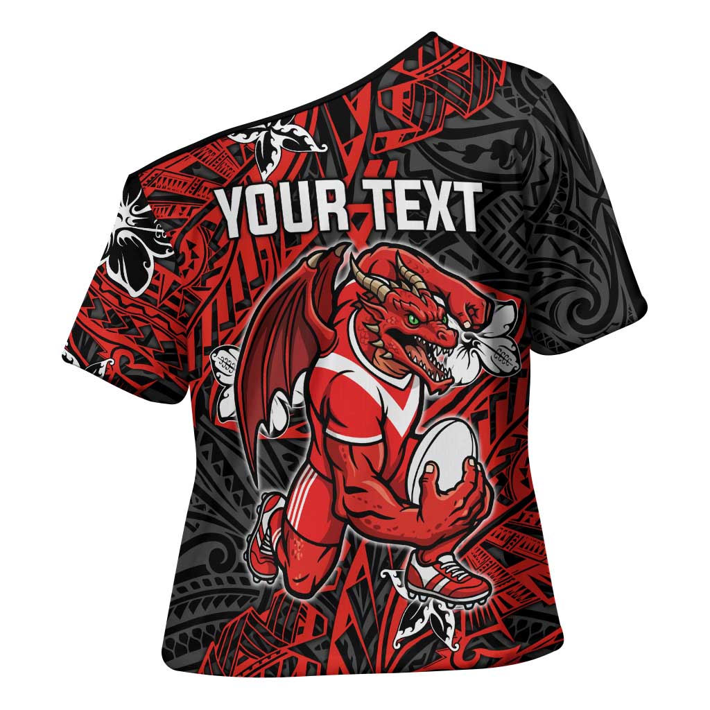 Personalised St. George Illawarra Dragons Cross Shoulder Shirt Polynesian Tribal Pattern With Rugby Dragon Mascot Art