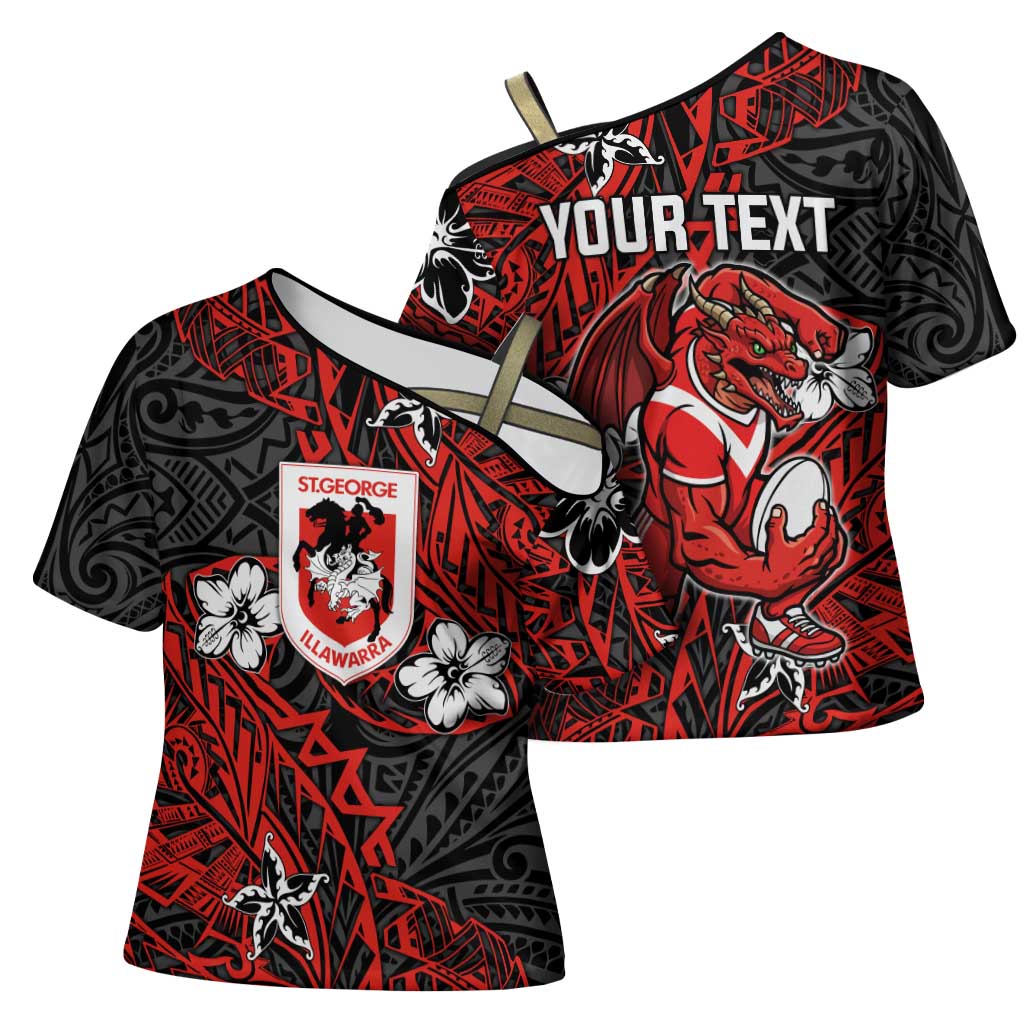 Personalised St. George Illawarra Dragons Cross Shoulder Shirt Polynesian Tribal Pattern With Rugby Dragon Mascot Art