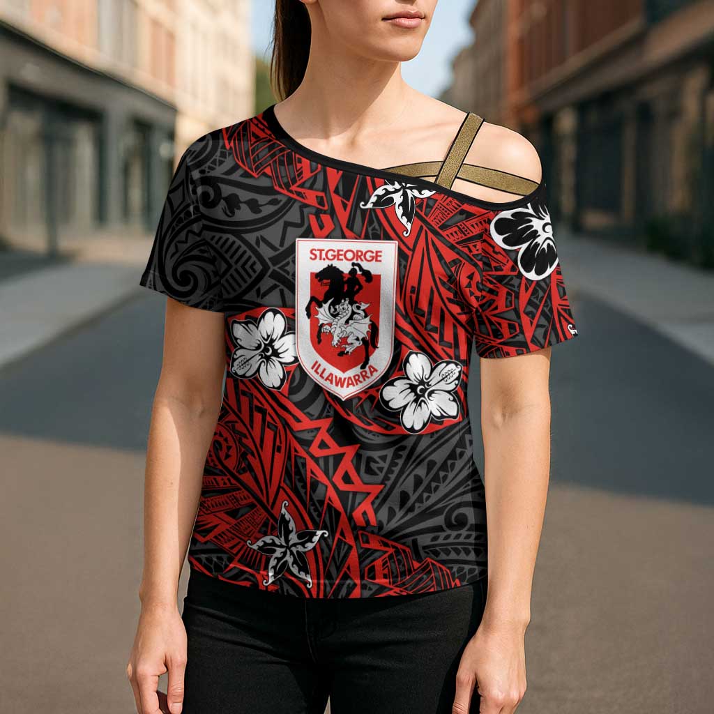 Personalised St. George Illawarra Dragons Cross Shoulder Shirt Polynesian Tribal Pattern With Rugby Dragon Mascot Art