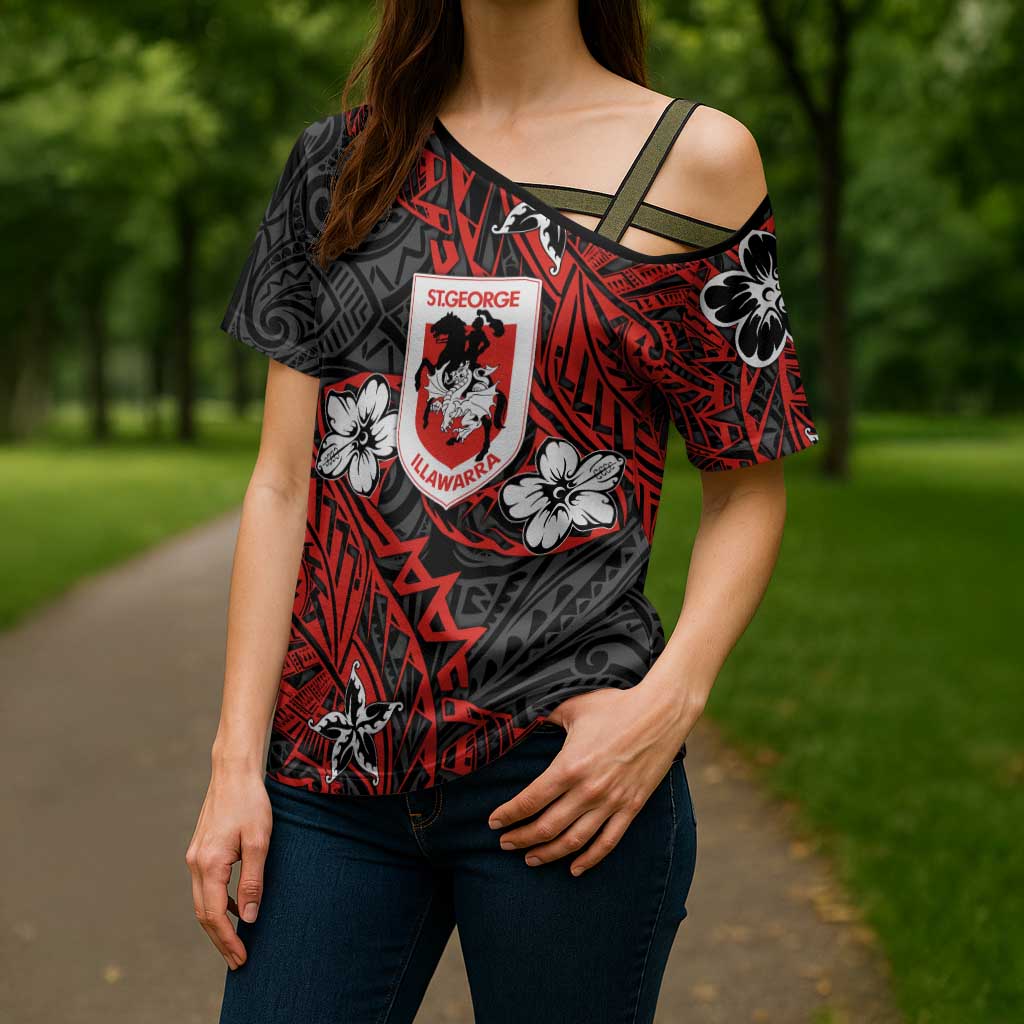 Personalised St. George Illawarra Dragons Cross Shoulder Shirt Polynesian Tribal Pattern With Rugby Dragon Mascot Art