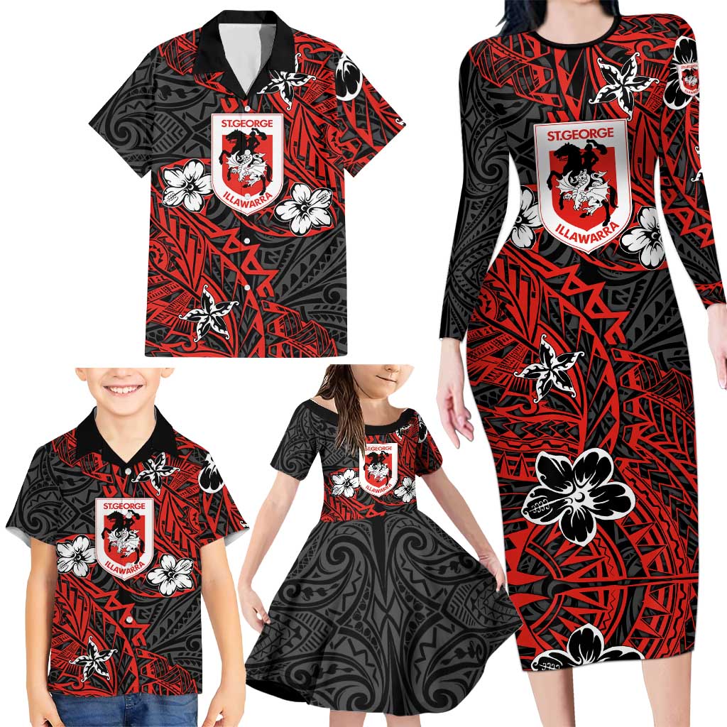 Personalised St. George Illawarra Dragons Family Matching Long Sleeve Bodycon Dress and Hawaiian Shirt Polynesian Tribal Pattern With Rugby Dragon Mascot Art