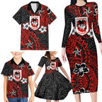 Personalised St. George Illawarra Dragons Family Matching Long Sleeve Bodycon Dress and Hawaiian Shirt Polynesian Tribal Pattern With Rugby Dragon Mascot Art