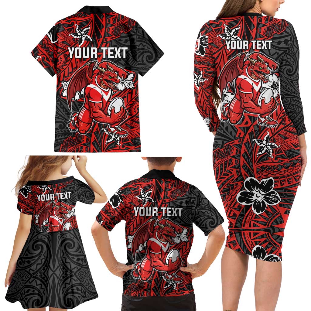 Personalised St. George Illawarra Dragons Family Matching Long Sleeve Bodycon Dress and Hawaiian Shirt Polynesian Tribal Pattern With Rugby Dragon Mascot Art
