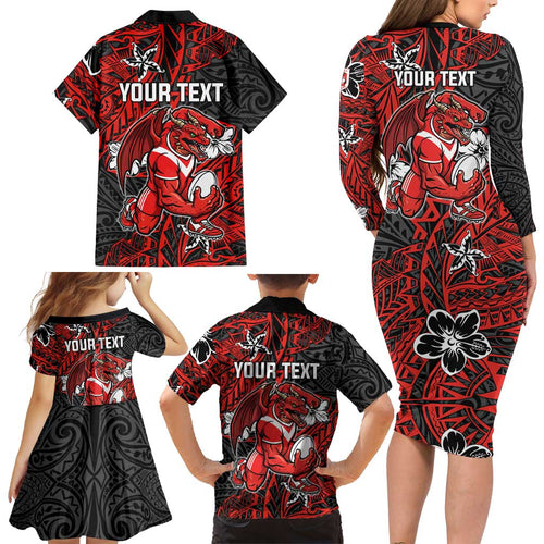 Personalised St. George Illawarra Dragons Family Matching Long Sleeve Bodycon Dress and Hawaiian Shirt Polynesian Tribal Pattern With Rugby Dragon Mascot Art