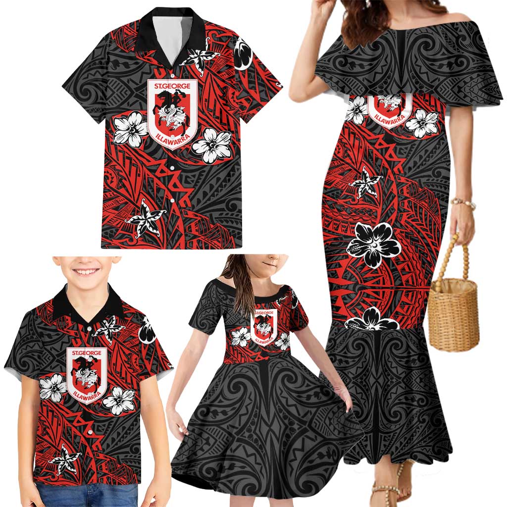 Personalised St. George Illawarra Dragons Family Matching Mermaid Dress and Hawaiian Shirt Polynesian Tribal Pattern With Rugby Dragon Mascot Art