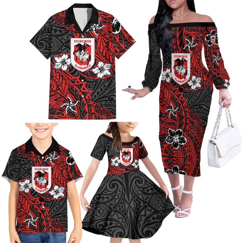 Personalised St. George Illawarra Dragons Family Matching Off The Shoulder Long Sleeve Dress and Hawaiian Shirt Polynesian Tribal Pattern With Rugby Dragon Mascot Art