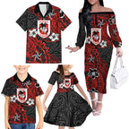 Personalised St. George Illawarra Dragons Family Matching Off The Shoulder Long Sleeve Dress and Hawaiian Shirt Polynesian Tribal Pattern With Rugby Dragon Mascot Art