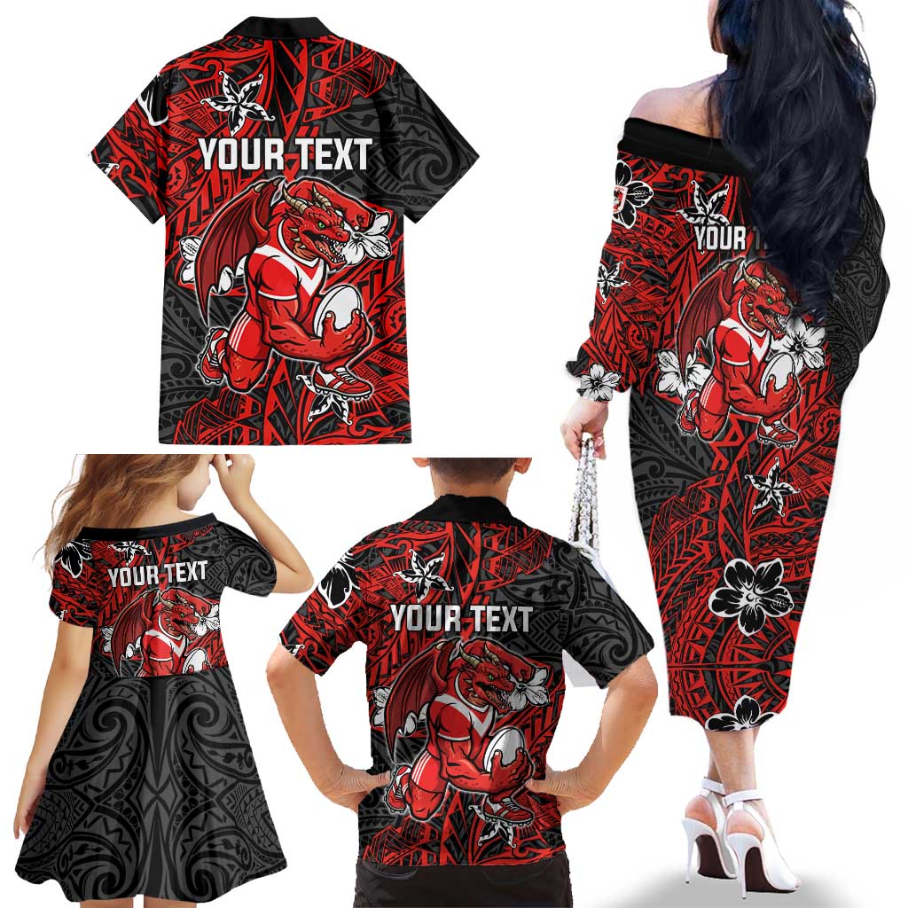 Personalised St. George Illawarra Dragons Family Matching Off The Shoulder Long Sleeve Dress and Hawaiian Shirt Polynesian Tribal Pattern With Rugby Dragon Mascot Art
