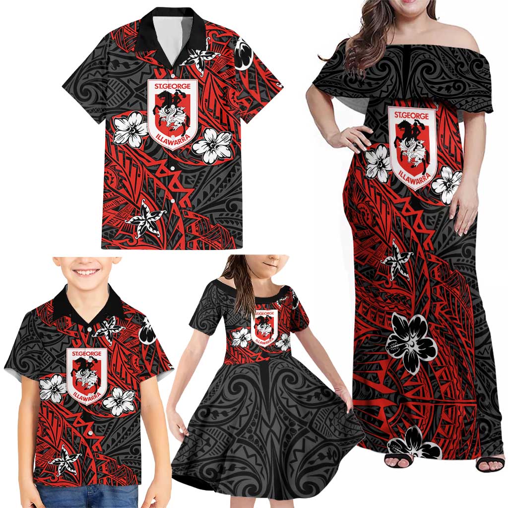 Personalised St. George Illawarra Dragons Family Matching Off Shoulder Maxi Dress and Hawaiian Shirt Polynesian Tribal Pattern With Rugby Dragon Mascot Art