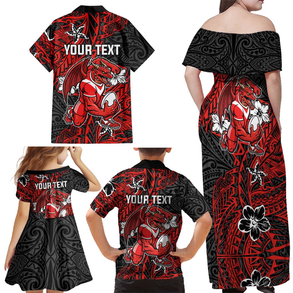 Personalised St. George Illawarra Dragons Family Matching Off Shoulder Maxi Dress and Hawaiian Shirt Polynesian Tribal Pattern With Rugby Dragon Mascot Art