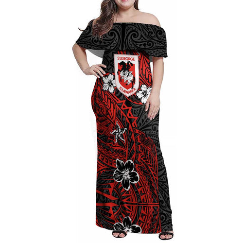 Personalised St. George Illawarra Dragons Family Matching Off Shoulder Maxi Dress and Hawaiian Shirt Polynesian Tribal Pattern With Rugby Dragon Mascot Art