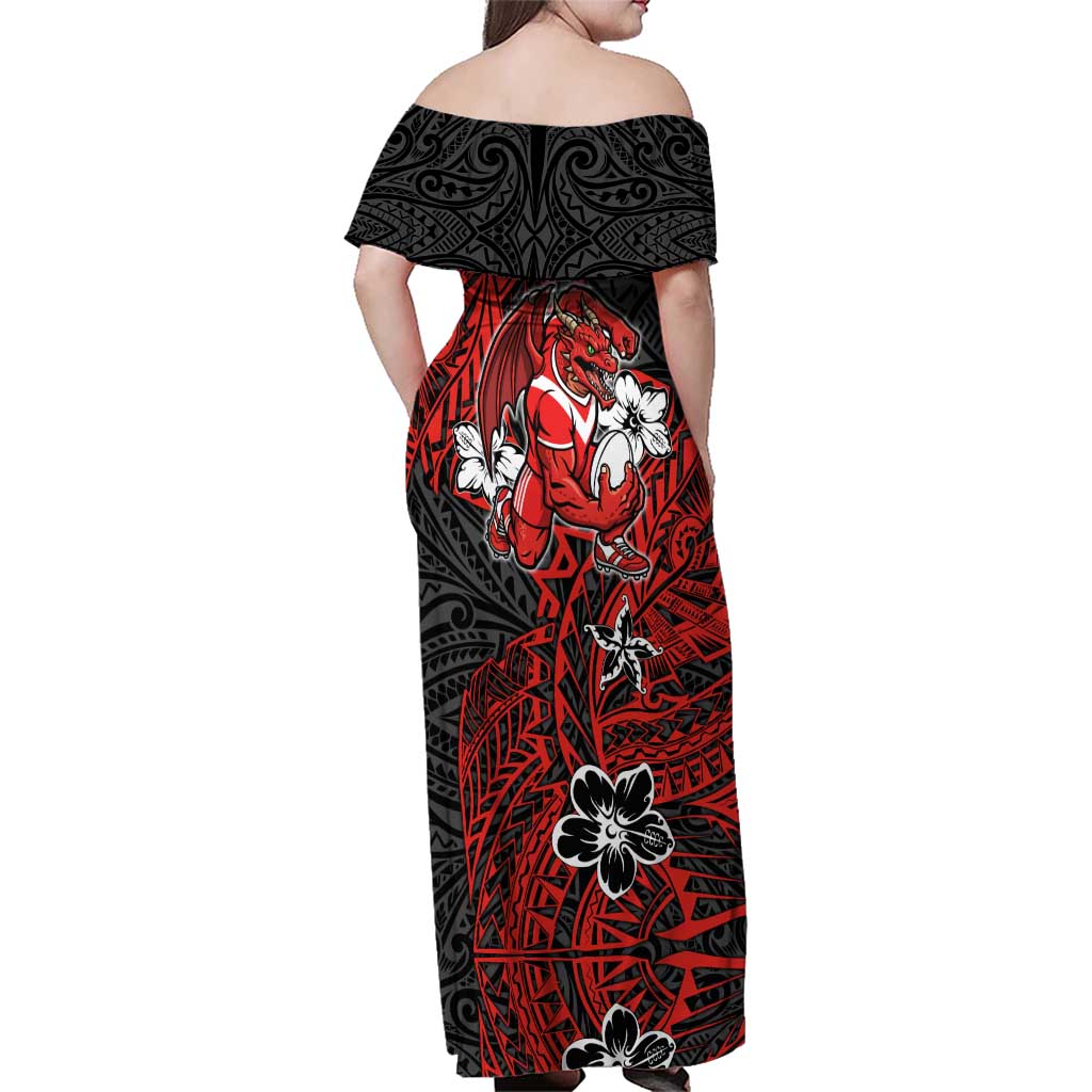 Personalised St. George Illawarra Dragons Family Matching Off Shoulder Maxi Dress and Hawaiian Shirt Polynesian Tribal Pattern With Rugby Dragon Mascot Art
