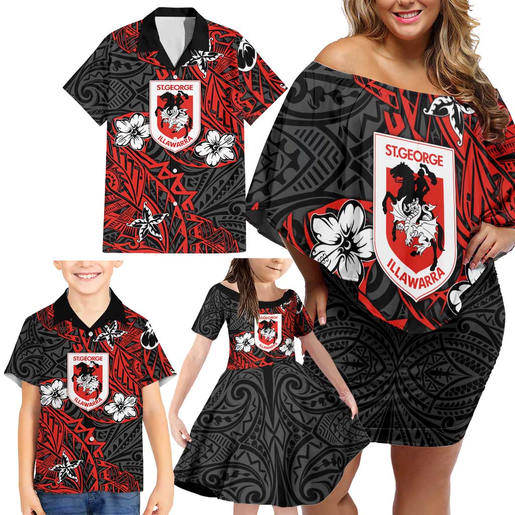 Personalised St. George Illawarra Dragons Family Matching Off Shoulder Short Dress and Hawaiian Shirt Polynesian Tribal Pattern With Rugby Dragon Mascot Art