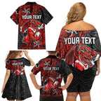 Personalised St. George Illawarra Dragons Family Matching Off Shoulder Short Dress and Hawaiian Shirt Polynesian Tribal Pattern With Rugby Dragon Mascot Art