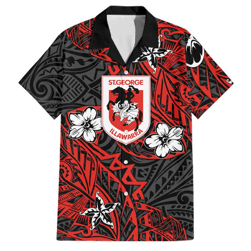 Personalised St. George Illawarra Dragons Family Matching Off Shoulder Short Dress and Hawaiian Shirt Polynesian Tribal Pattern With Rugby Dragon Mascot Art