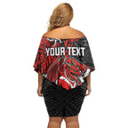 Personalised St. George Illawarra Dragons Family Matching Off Shoulder Short Dress and Hawaiian Shirt Polynesian Tribal Pattern With Rugby Dragon Mascot Art
