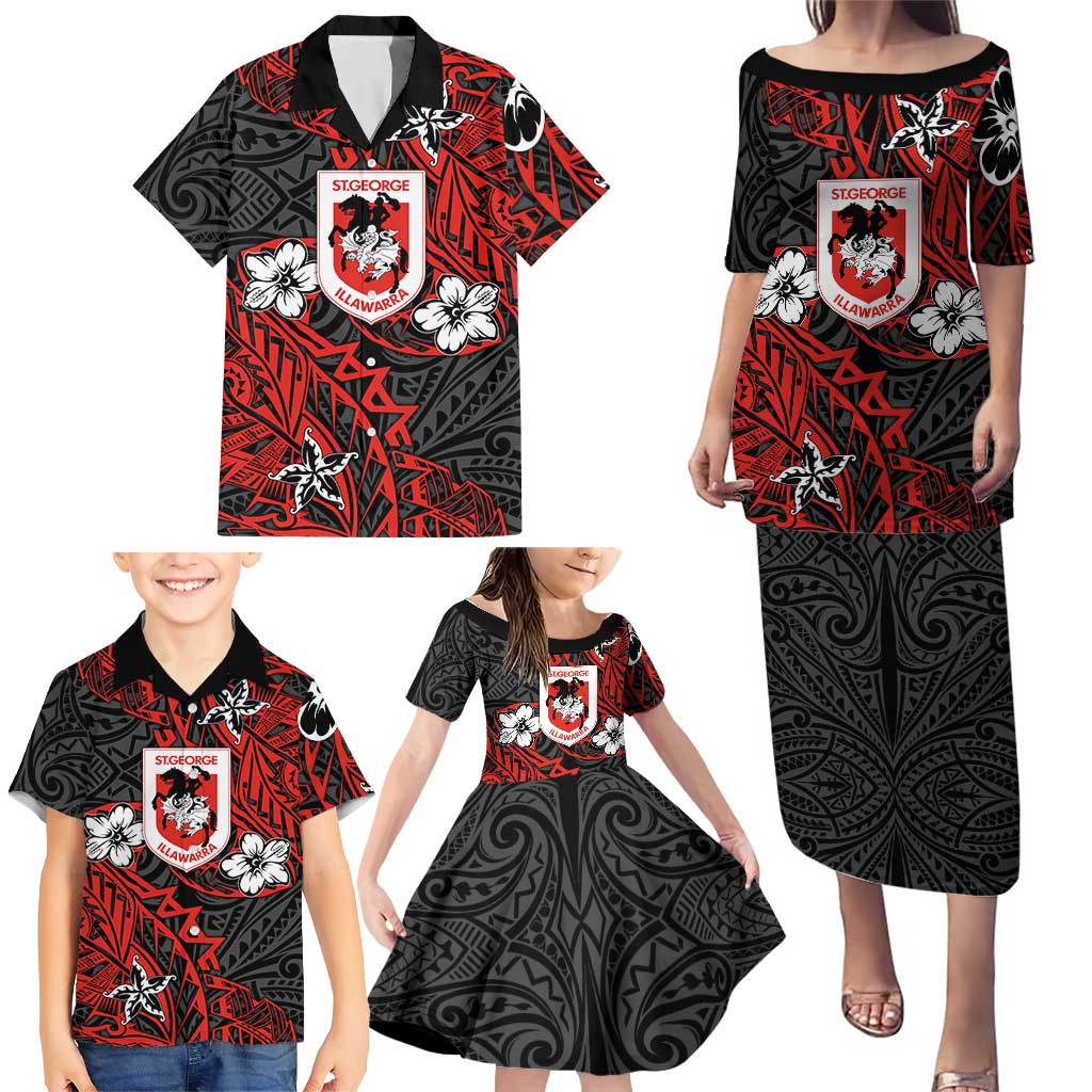 Personalised St. George Illawarra Dragons Family Matching Puletasi and Hawaiian Shirt Polynesian Tribal Pattern With Rugby Dragon Mascot Art