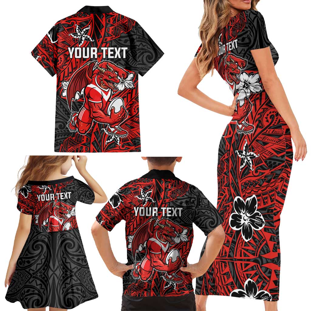 Personalised St. George Illawarra Dragons Family Matching Short Sleeve Bodycon Dress and Hawaiian Shirt Polynesian Tribal Pattern With Rugby Dragon Mascot Art