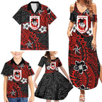 Personalised St. George Illawarra Dragons Family Matching Summer Maxi Dress and Hawaiian Shirt Polynesian Tribal Pattern With Rugby Dragon Mascot Art