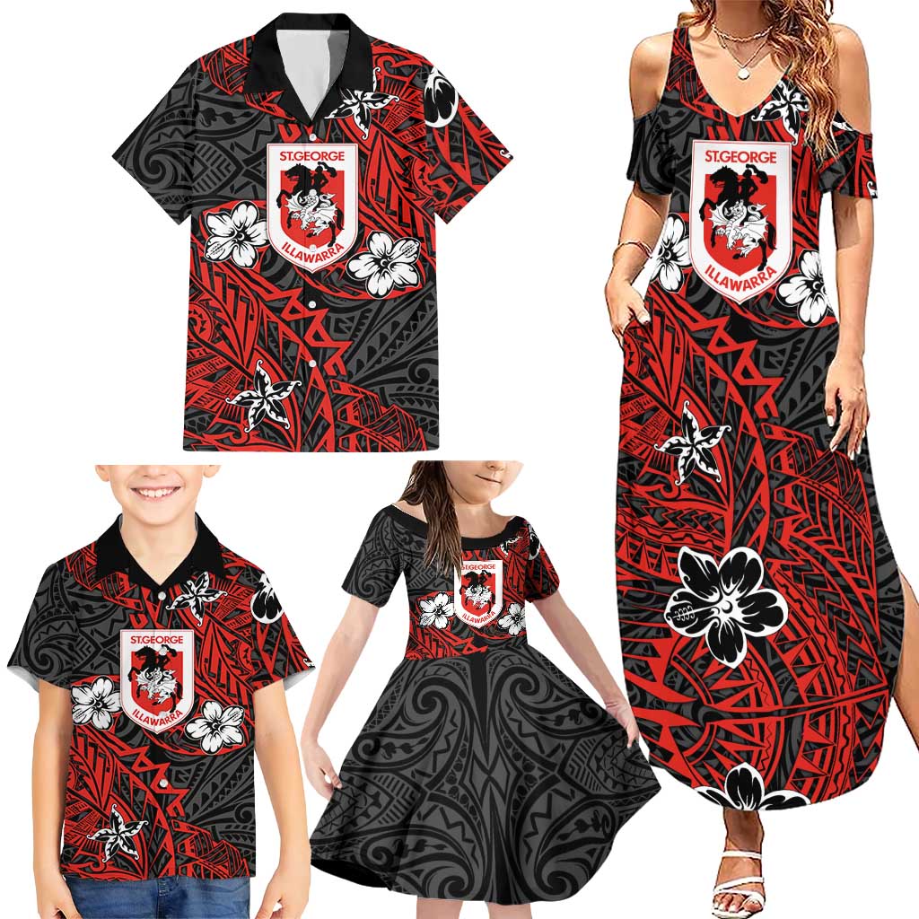 Personalised St. George Illawarra Dragons Family Matching Summer Maxi Dress and Hawaiian Shirt Polynesian Tribal Pattern With Rugby Dragon Mascot Art