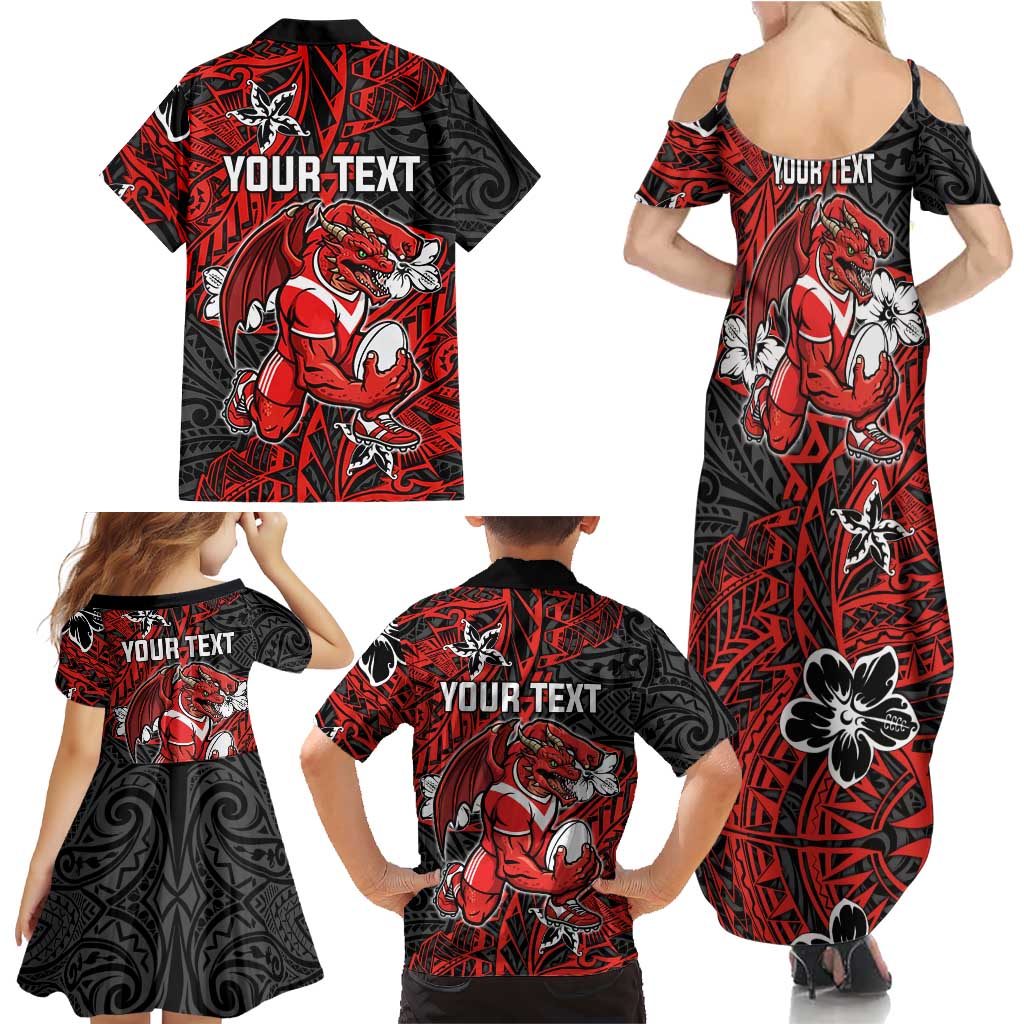 Personalised St. George Illawarra Dragons Family Matching Summer Maxi Dress and Hawaiian Shirt Polynesian Tribal Pattern With Rugby Dragon Mascot Art