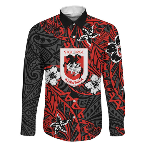Personalised St. George Illawarra Dragons Family Matching Summer Maxi Dress and Hawaiian Shirt Polynesian Tribal Pattern With Rugby Dragon Mascot Art