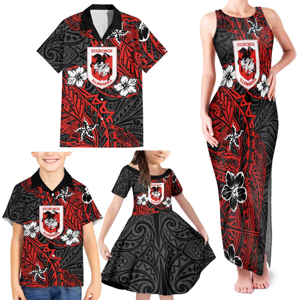 Personalised St. George Illawarra Dragons Family Matching Tank Maxi Dress and Hawaiian Shirt Polynesian Tribal Pattern With Rugby Dragon Mascot Art